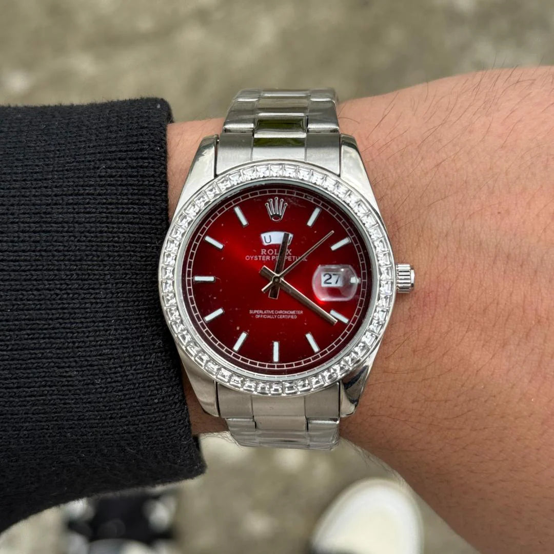 ROLEX DAY DATE CIRCONES PREMIUM PLATEADO TABLERO ROJO