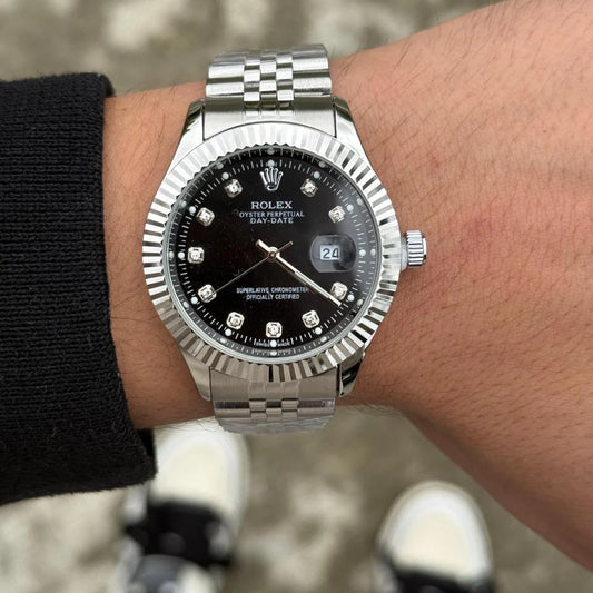 ROLEX DATE JUST DIAMONDS PREMIUM PLATEADO TABLERO NEGRO